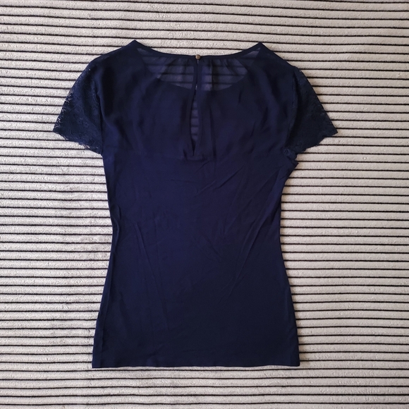 Express Navy Blue Sheer/Lace Short Sleeve Top Size X-Small - Picture 2 of 2